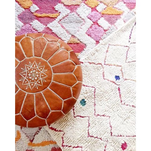 Authentique Pouf Marocain en Cuir Naturel - Marron Caramel / Cognac