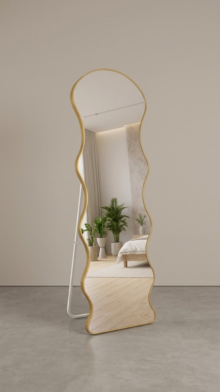 Miroir Sur Pied Ondulé Design Organique Cadre Doré