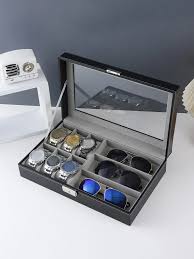 Boîte de Rangement Mixte pour Montres et Lunettes avec Couvercle Vitré