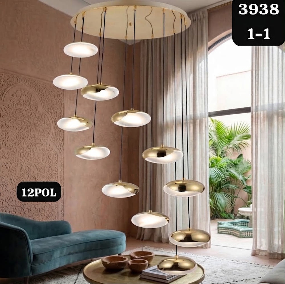 Lustre Suspension Cascade 12 Coupoles Dorées