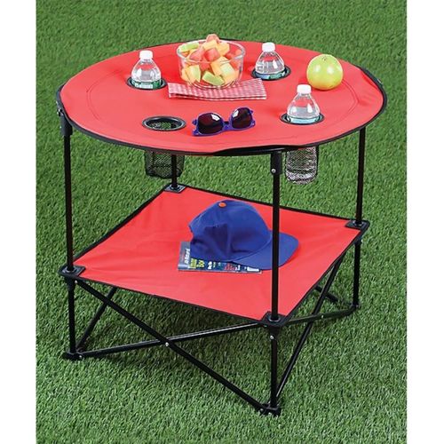 Table de Camping Pliable Ronde à Double Étage avec Porte-Gobelets