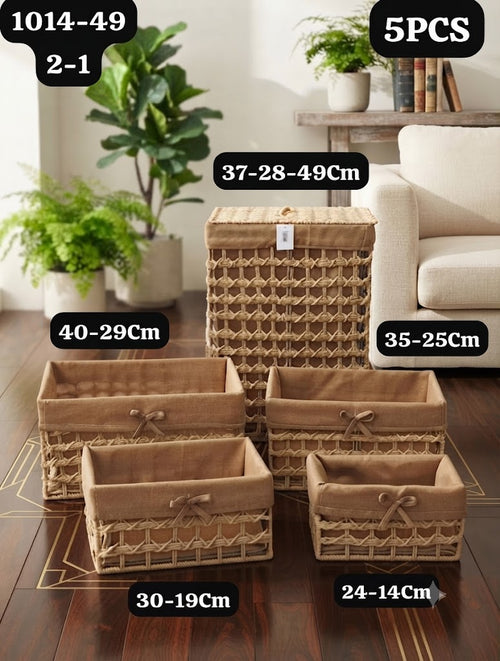 Set de 5 Paniers de Rangement en Rotin avec Doublure et Nœud