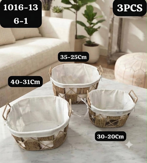 Set de 3 Paniers Ronds en Fibres Tressées avec Doublure Tissu