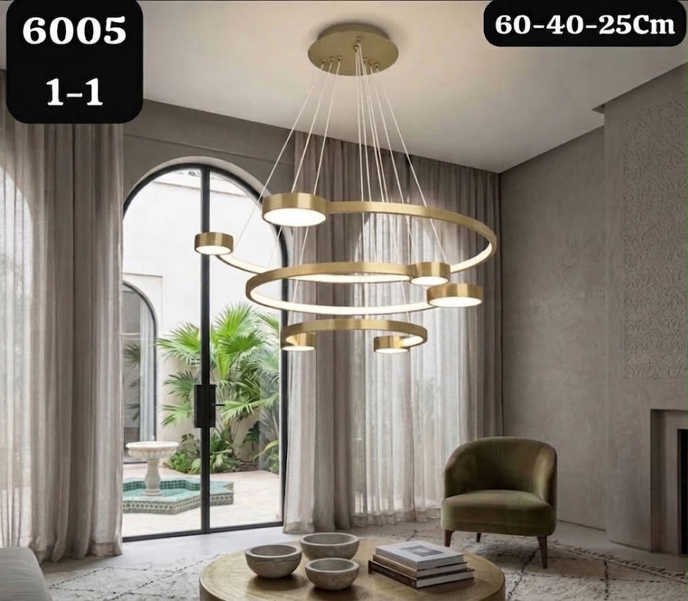 Lustre Suspension Moderne a Trois Anneaux Dores