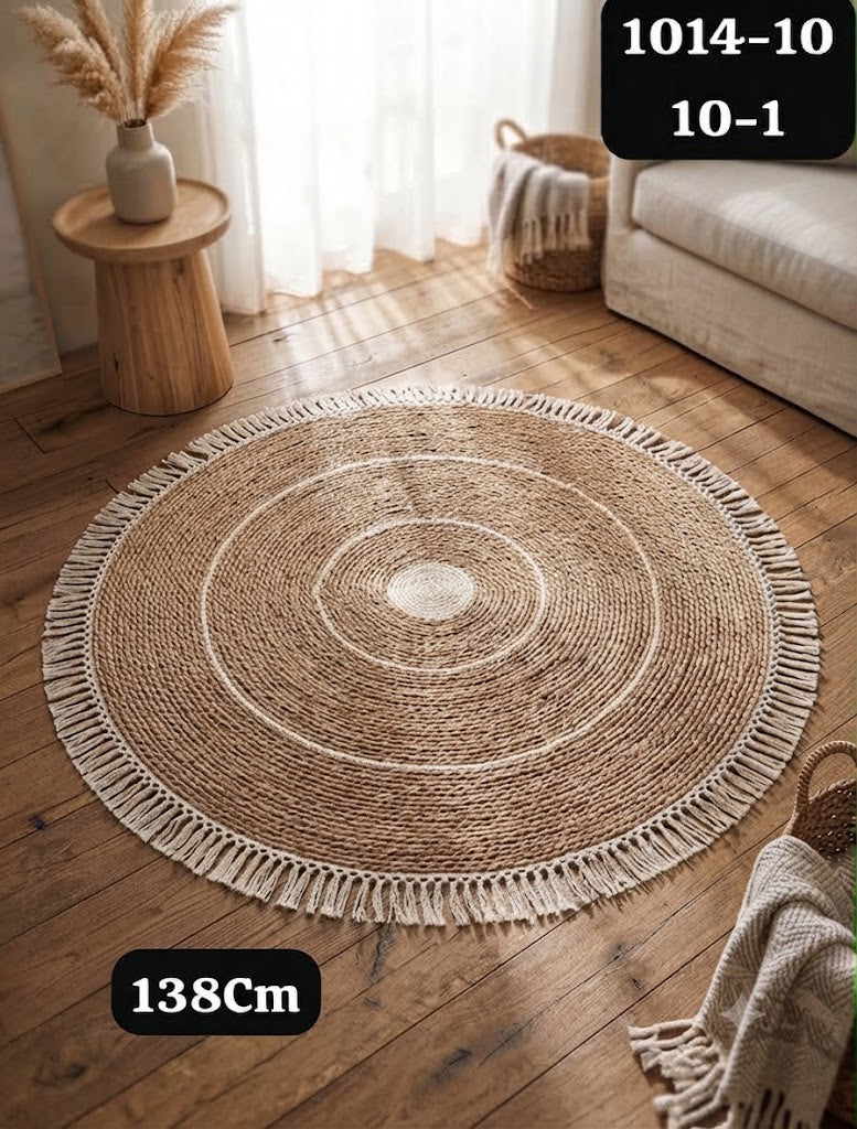 Tapis Rond en Jute Naturel à Franges et Surpiqûres Blanches