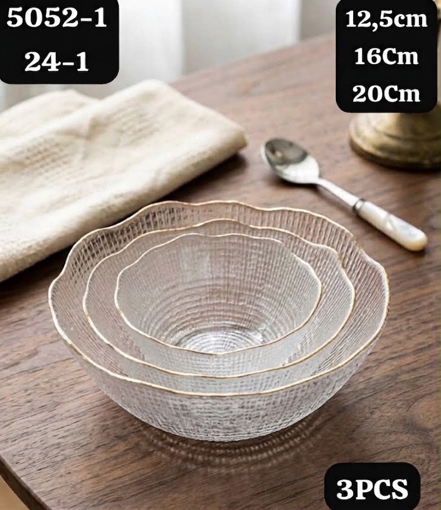 Set de 3 Bols en Verre Texturé avec Liseré Doré