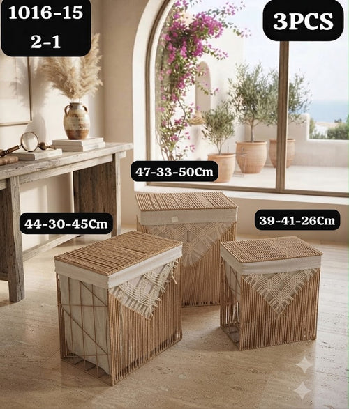 Set de 3 Coffres de Rangement Carrés en Rotin avec Couvercle