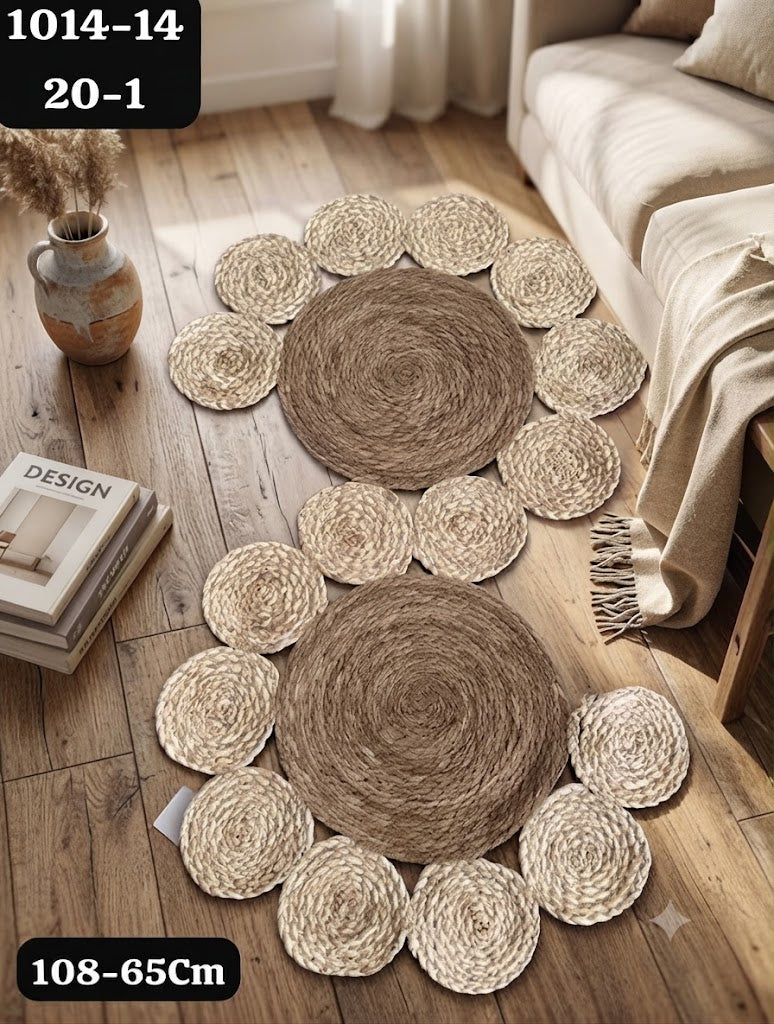 Tapis Décoratif Rond en Fibres Tressées Motif Floral