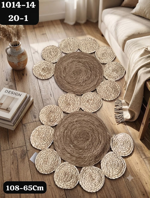Tapis Décoratif Rond en Fibres Tressées Motif Floral