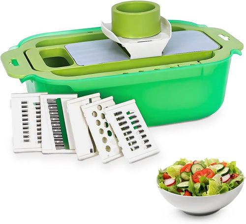 Mandoline Multifonction 9-en-1 avec Bac Égoutteur & Lames Interchangeables