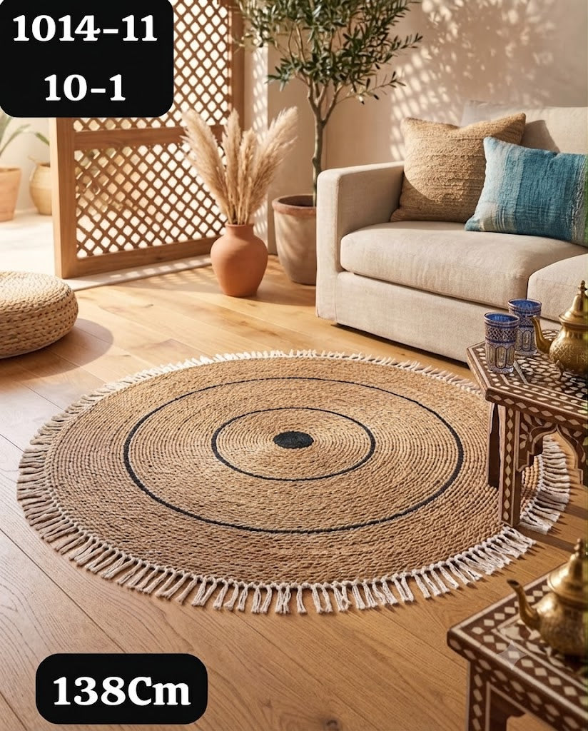 Tapis Rond en Fibres Naturelles à Franges et Cercles Noirs