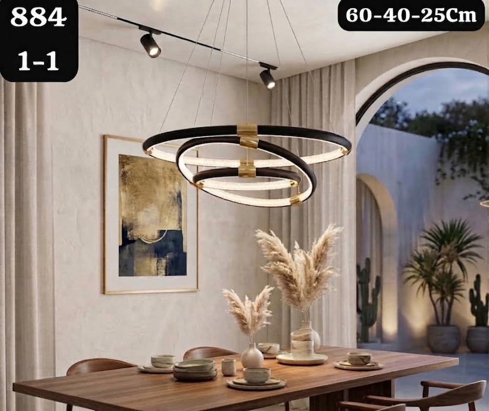 Lustre Suspension Triple Anneaux LED Noir et Doré