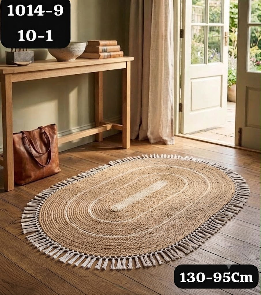 Tapis Ovale en Jute Naturel à Franges et Surpiqûres Blanches