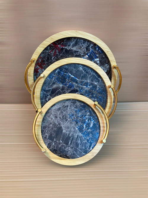 Set de 3 Plateaux de Service Ronds en Bois de Bambou avec Fond Effet Marbre et Poignées Dorées
