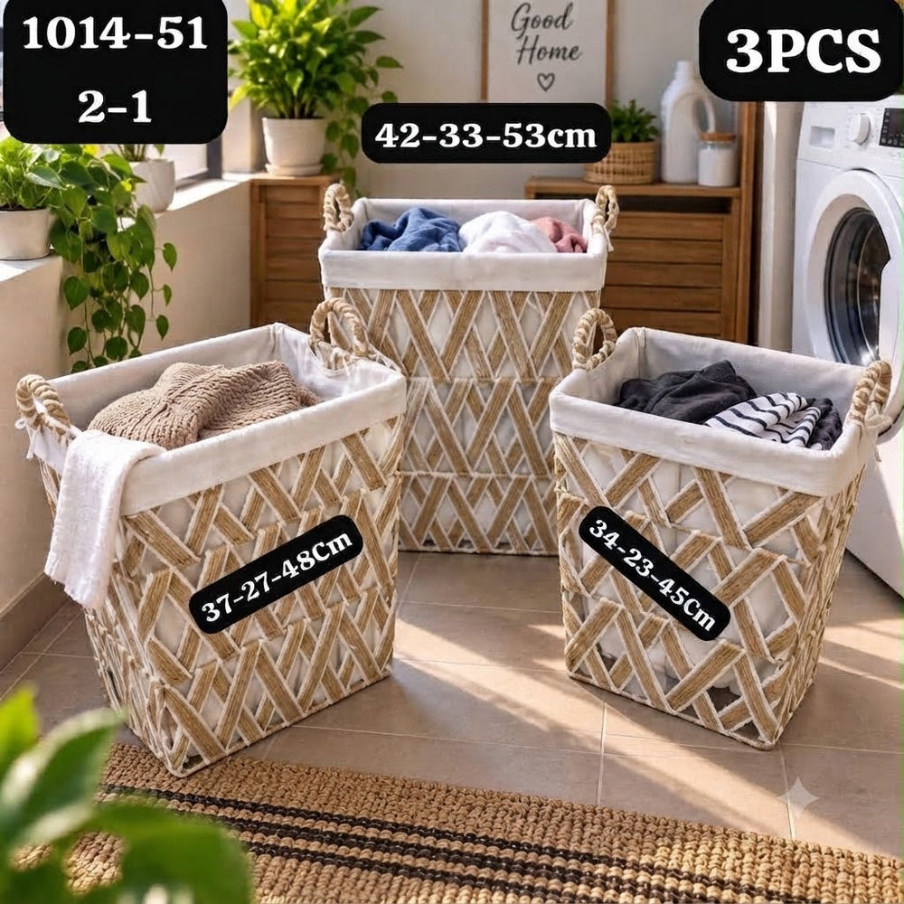 Set de 3 Paniers de Rangement Carrés en Rotin avec Poignées