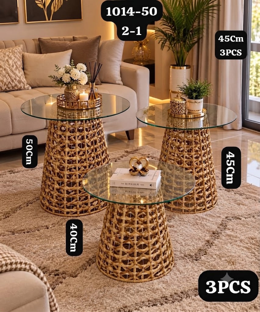Set de Tables Basses Gigognes en Rotin Tressé et Verre