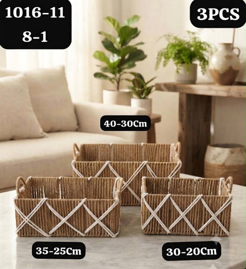 Set de 3 Corbeilles de Rangement Rectangulaires à Motif Croisé Blanc