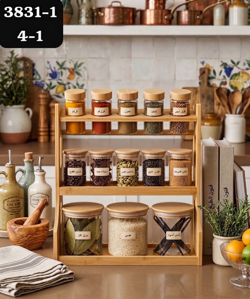 Présentoir à Épices en Bambou avec Pots en Verre