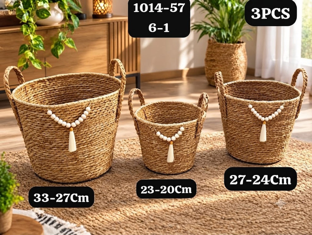 Set de 3 Paniers Ronds en Fibres Naturelles avec Ornement de Perles