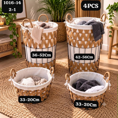 Set de 4 Paniers de Rangement Ronds en Rotin et Structure Métallique