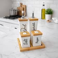 Set de Condiments et Assaisonnement en Céramique avec Support en Bambou