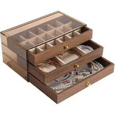 Boîte à Bijoux à Tiroirs Multi-Niveaux avec Finition Bois et Couvercle Vitré